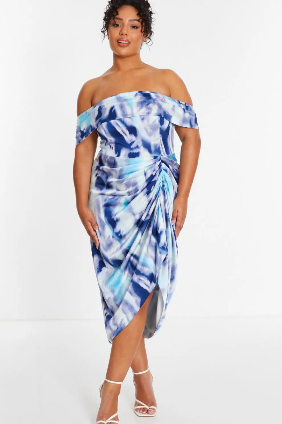Curve Blue Marble Print Bardot Midi Dress