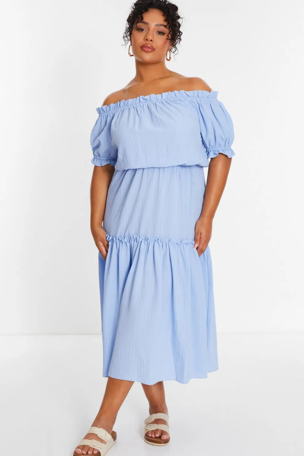Curve Blue Textured Bardot Midaxi Dress