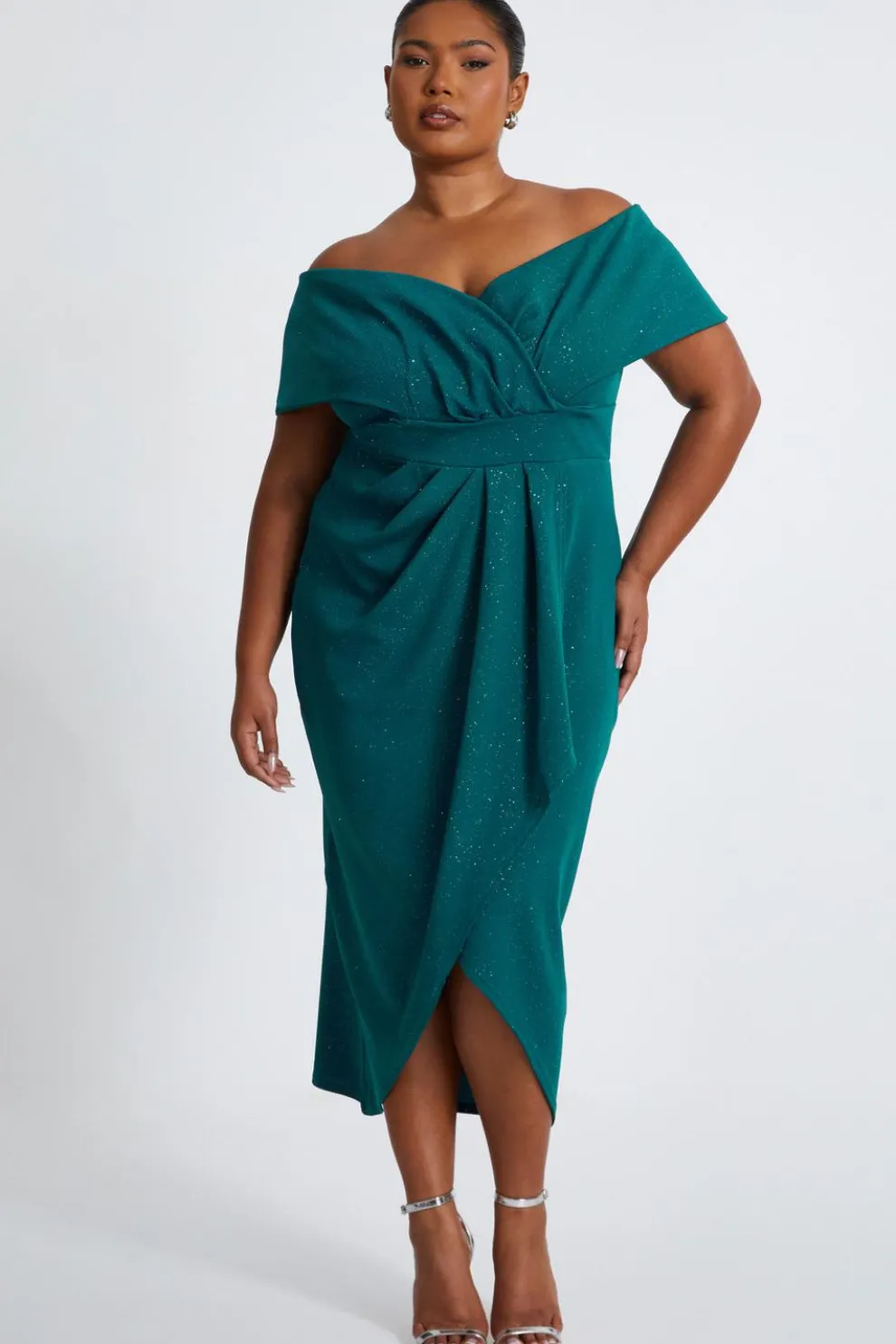 Curve Bottle Green Glitter Bardot Midi Dress