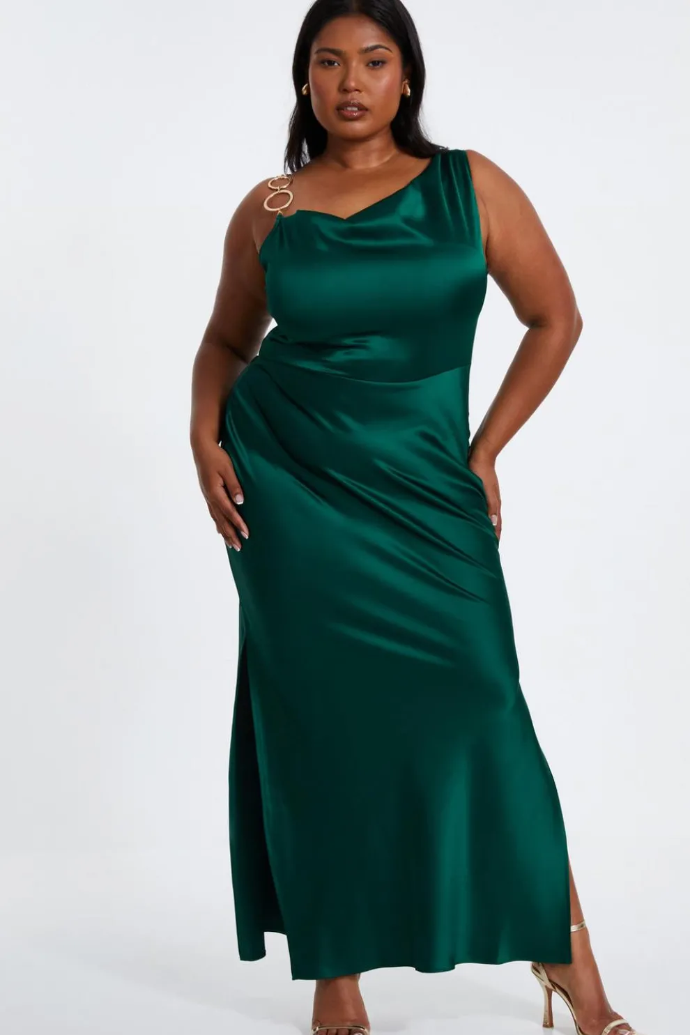 Curve Bottle Green Satin Ruched Midi Dress