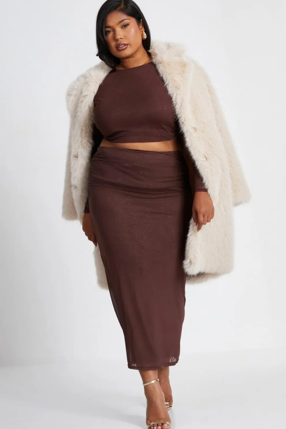 Curve Brown Glitter Mesh Midaxi Skirt