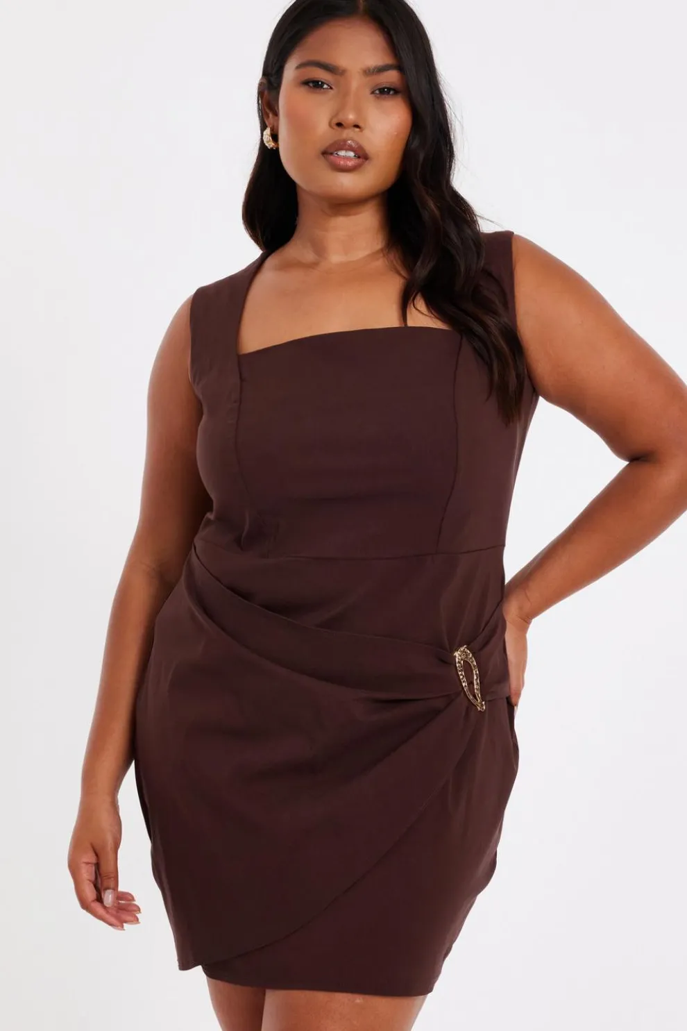 Curve Brown Square Neck Mini Dress