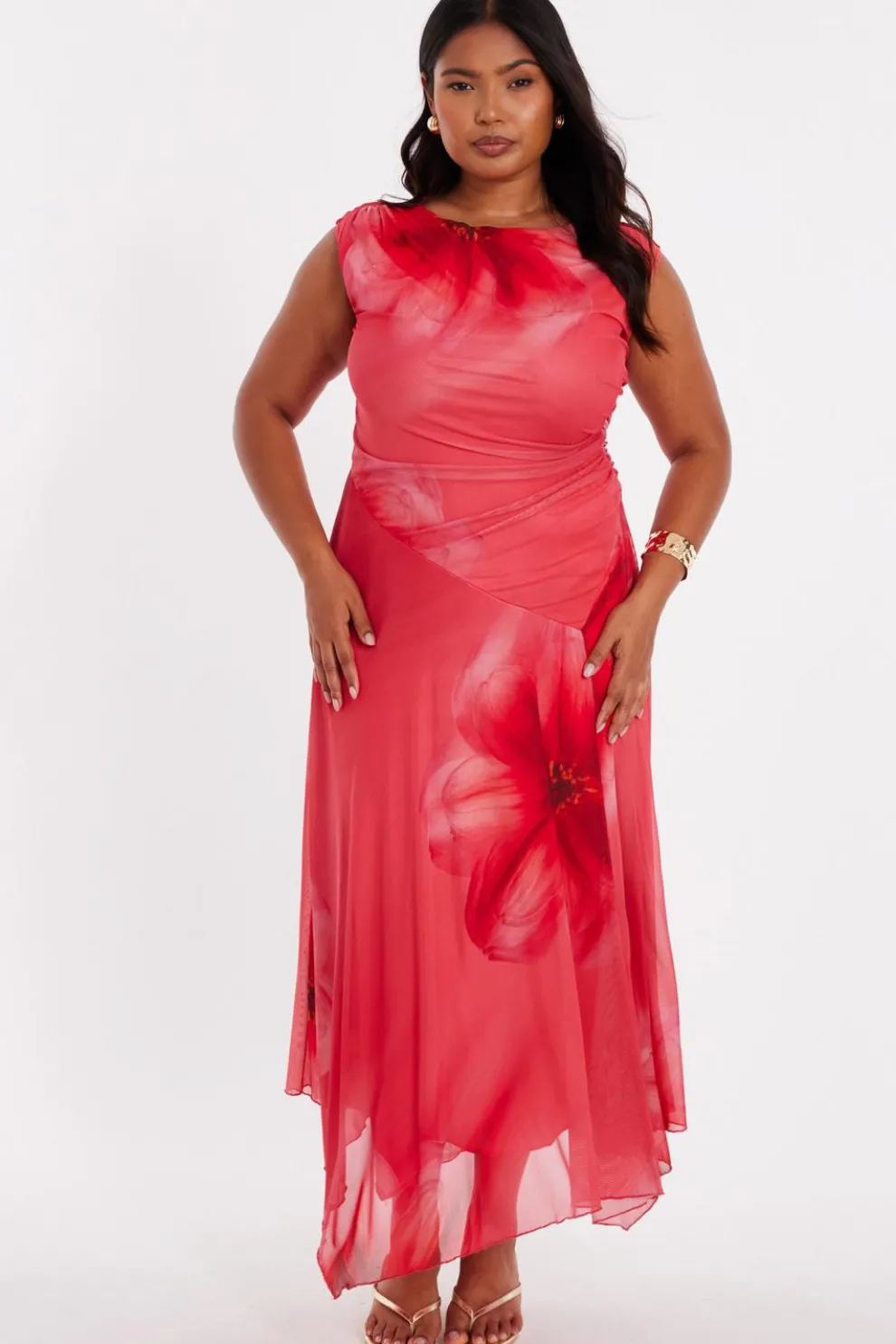 Curve Coral Mesh Midaxi Dress