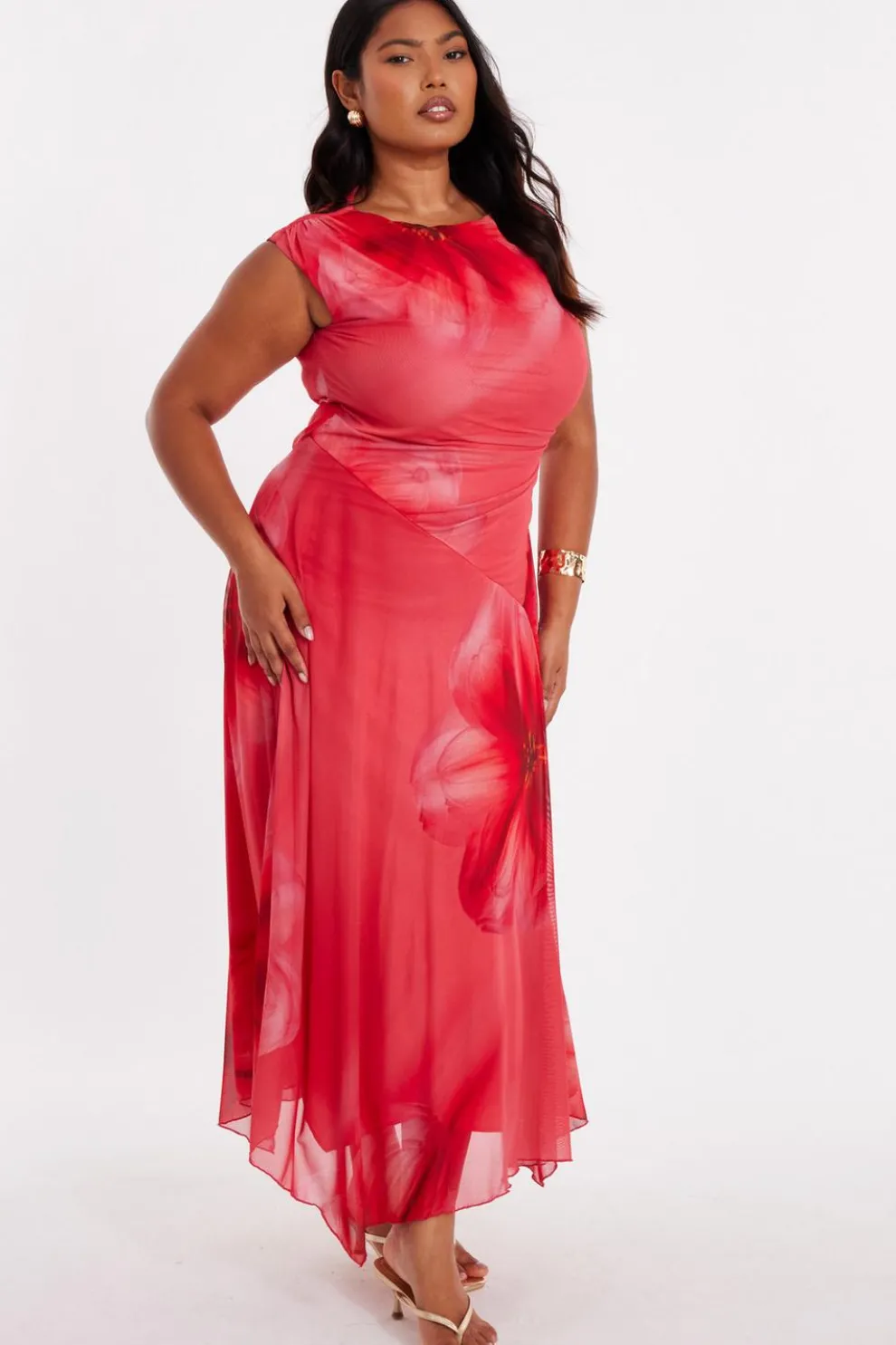 Curve Coral Mesh Midaxi Dress