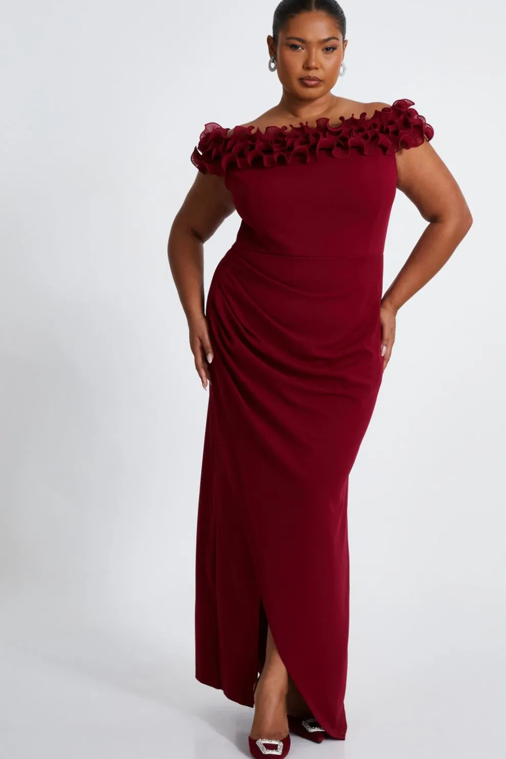 Curve Dark Red Bardot Maxi Dress