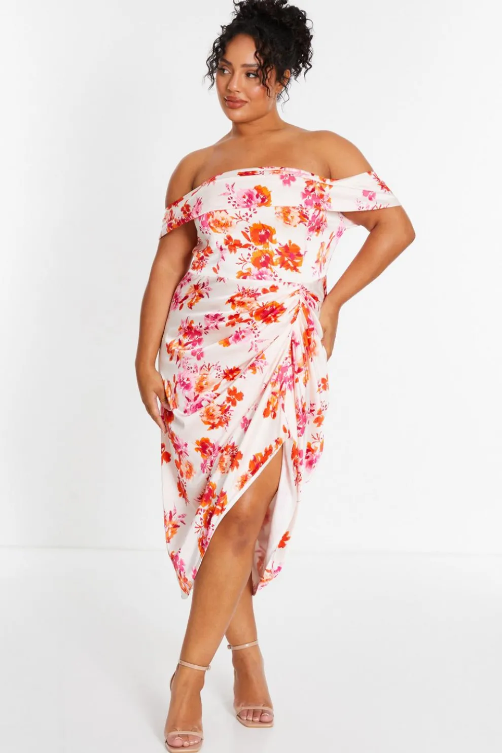 Curve Ivory Floral Bardot Ruched Midi Dress