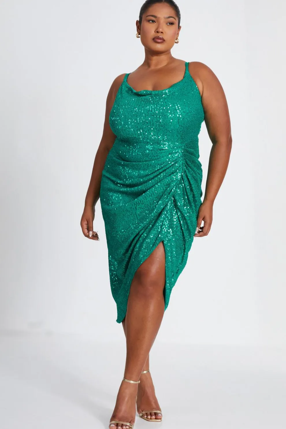 Curve Jade Green Sequin Ruched Midi Dress