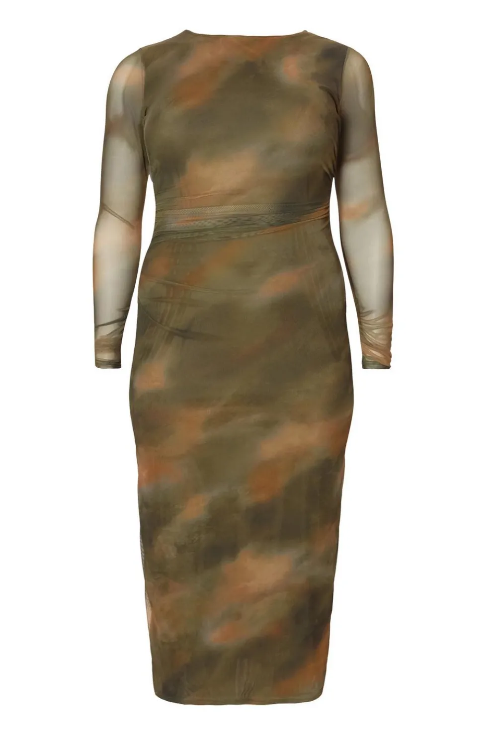Curve Khaki Printed Long Sleeve Midaxi Dress