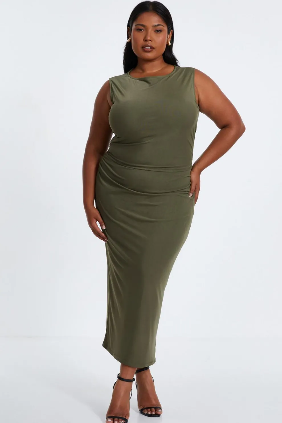 Curve Khaki Round Neck Midaxi Dress
