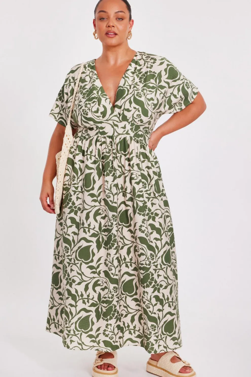 Curve Khaki Tropical Print Midaxi Dress