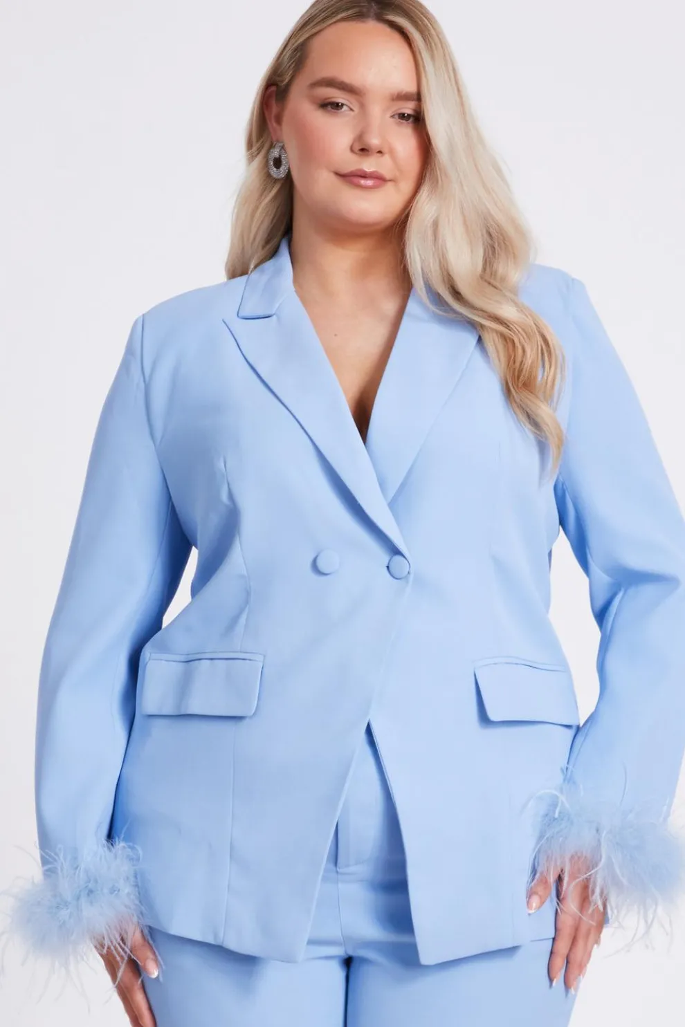 Curve Light Blue Feather Trim Blazer