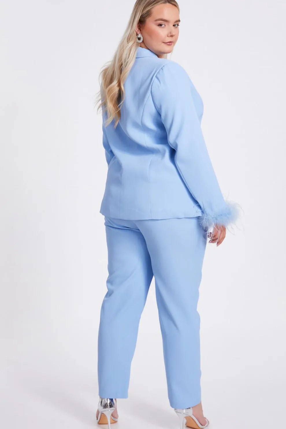 Curve Light Blue Feather Trim Blazer