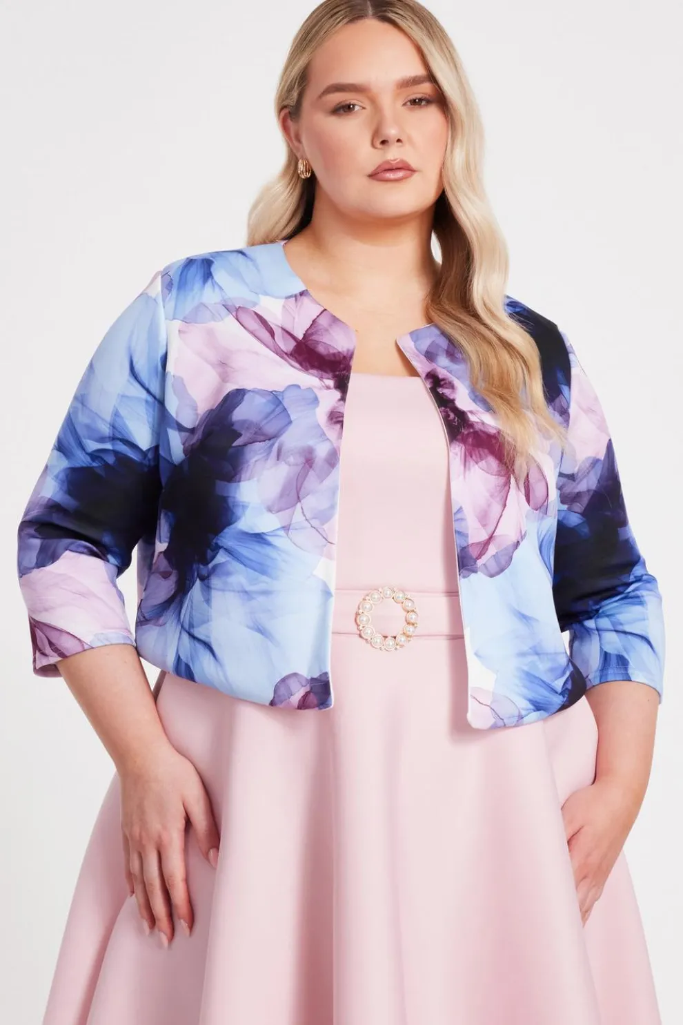 Curve Light Blue Floral Cropped Jacket