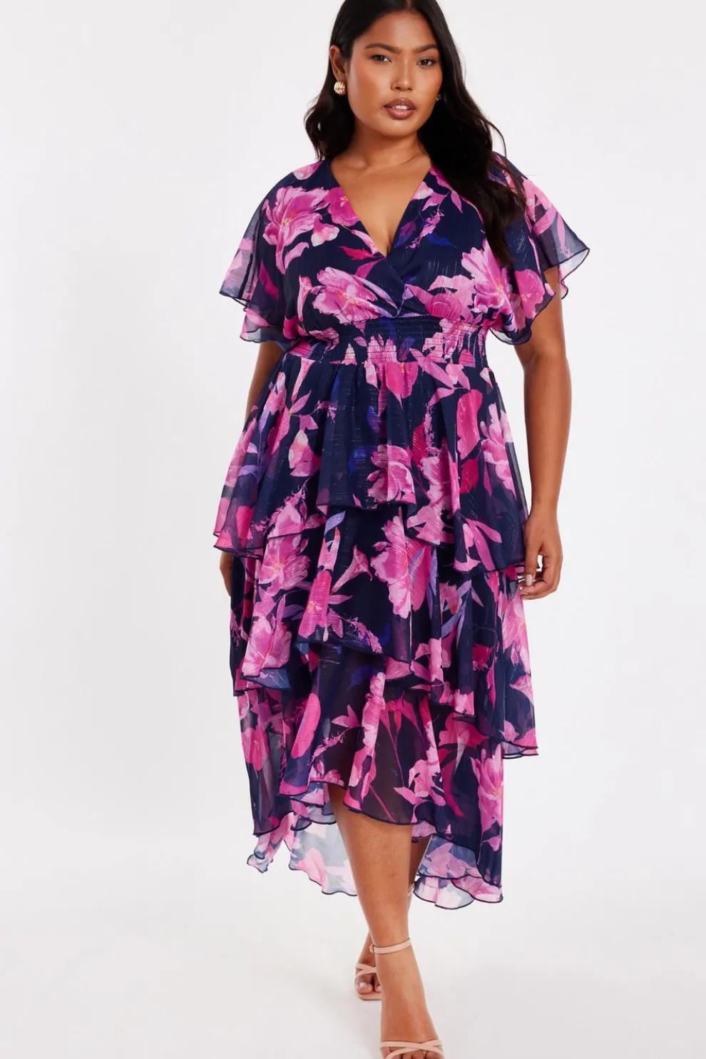 Curve Navy Chiffon Tiered Midi Dress