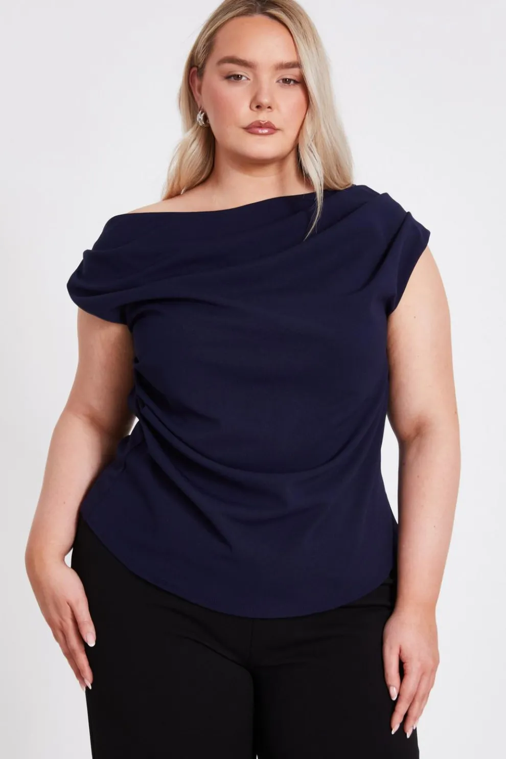 Curve Navy Drape Neck Top