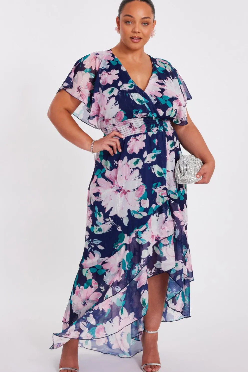 Curve Navy Floral Tiered Midi Dress