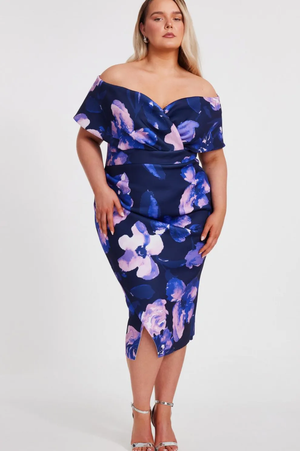 Curve Navy Floral Bardot Midi Dress