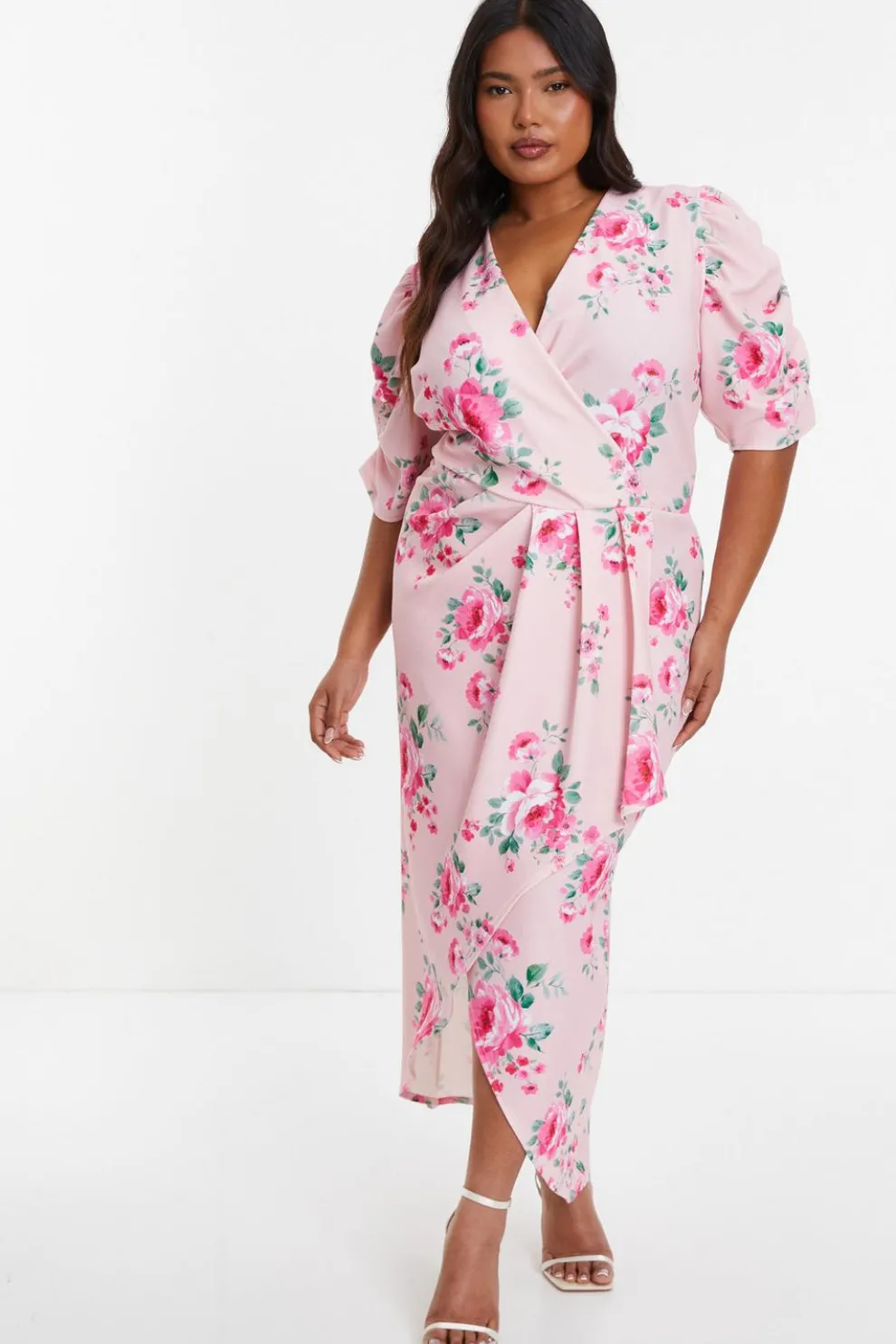 Curve Pink Floral Wrap Midaxi Dress