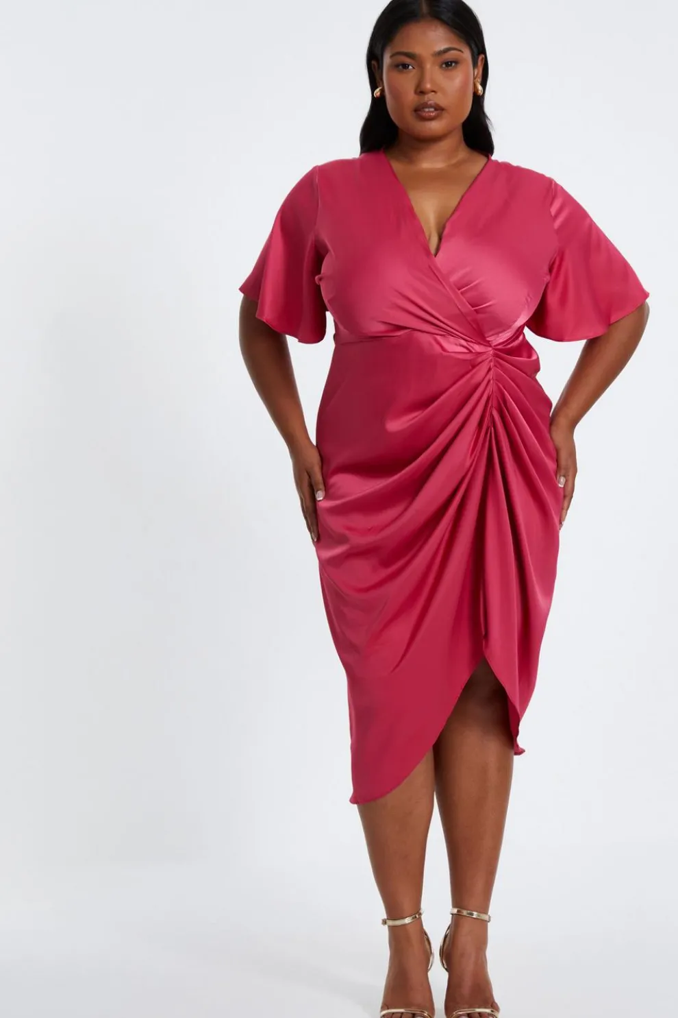 Curve Raspberry Satin Wrap Midi Dress