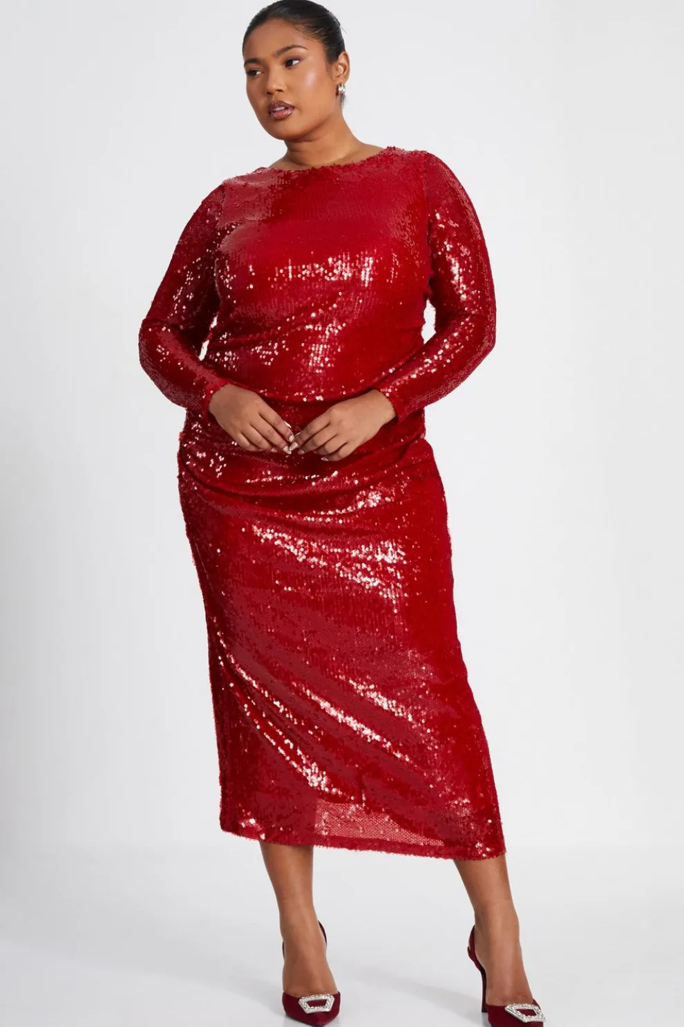 Curve Red Sequin Ruched Midaxi Dress