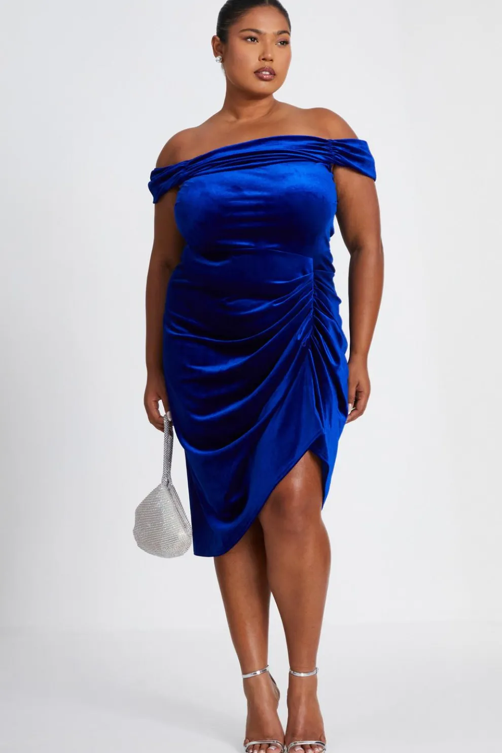 Curve Royal Blue Velvet Ruched Midi Dress