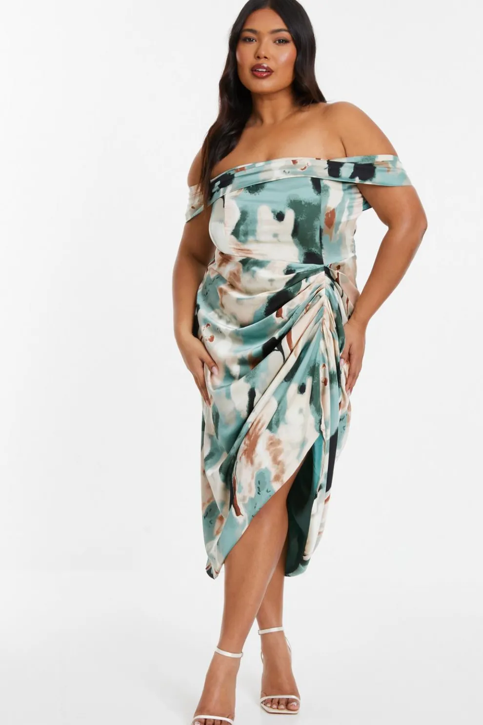 Curve Sage Marble Print Bardot Midi Dress