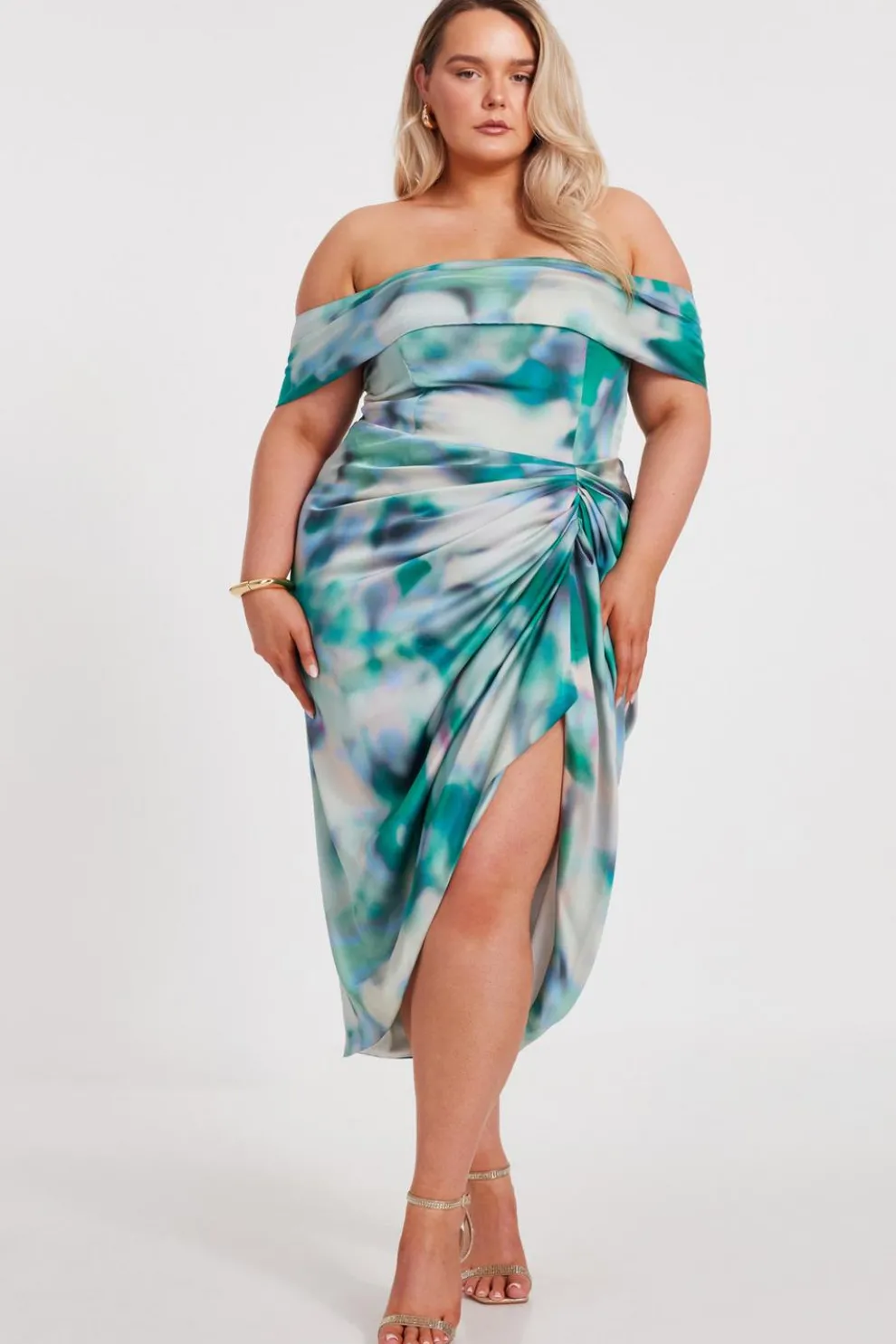 Curve Satin Marble Print Midi Dress