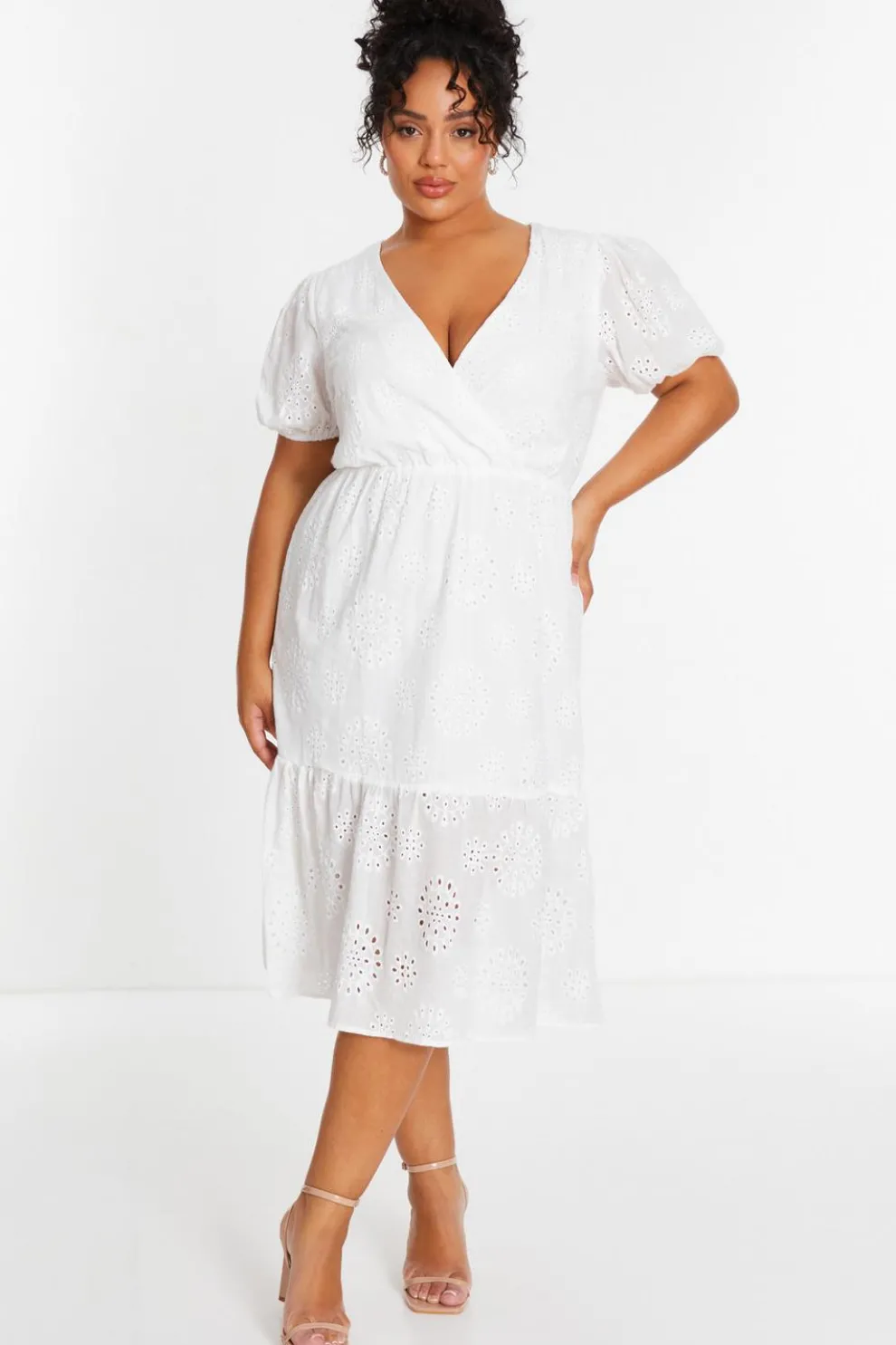 Curve White Embroidered Wrap Midi Dress