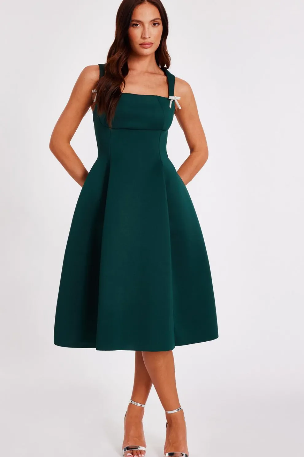 Dark Green Diamante Bow Midi Dress