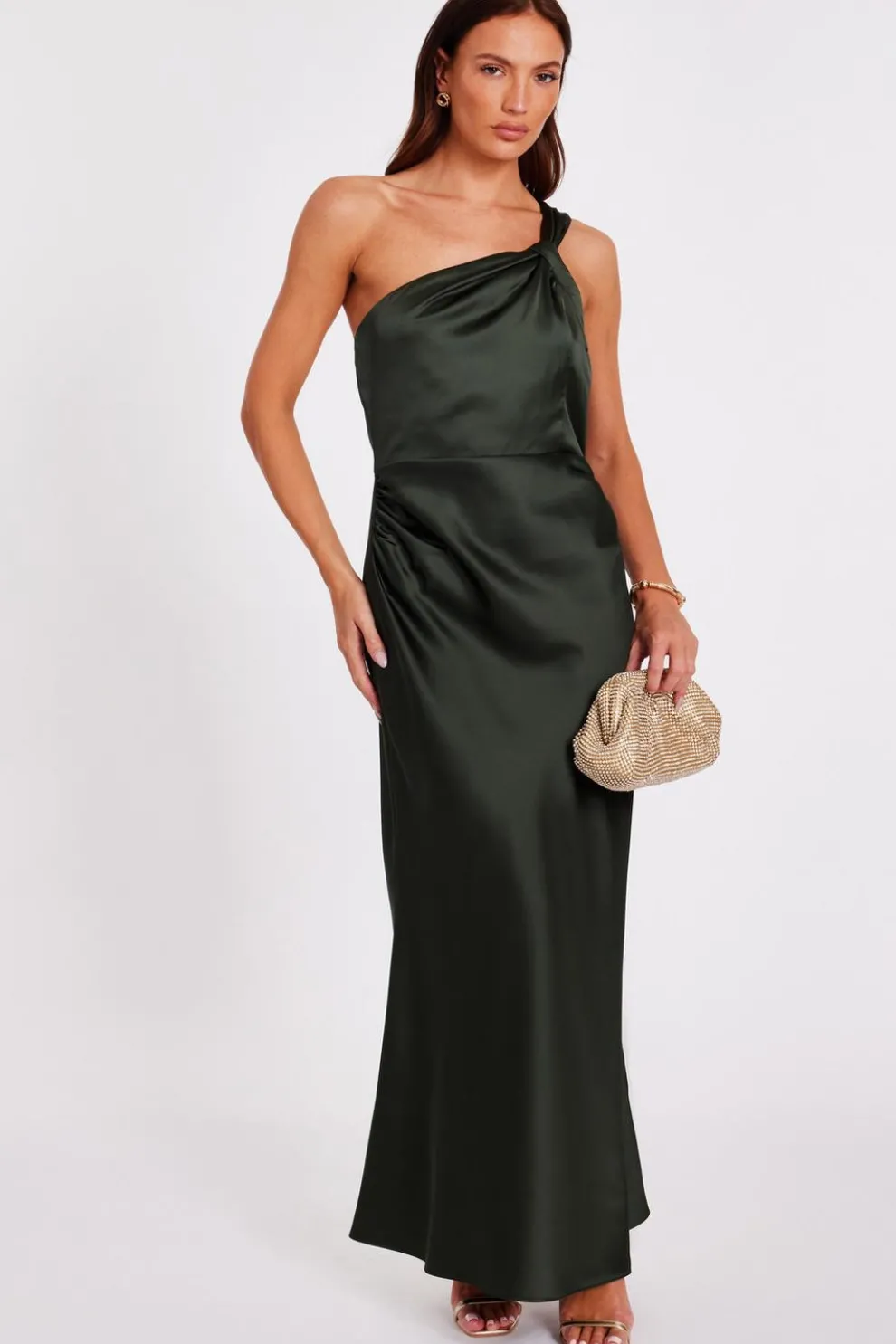 Dark Green Satin One Shoulder Midaxi Dress