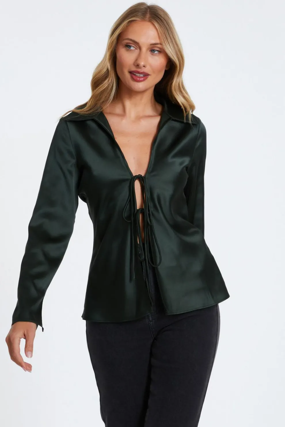 Dark Green Satin Tie Front Top