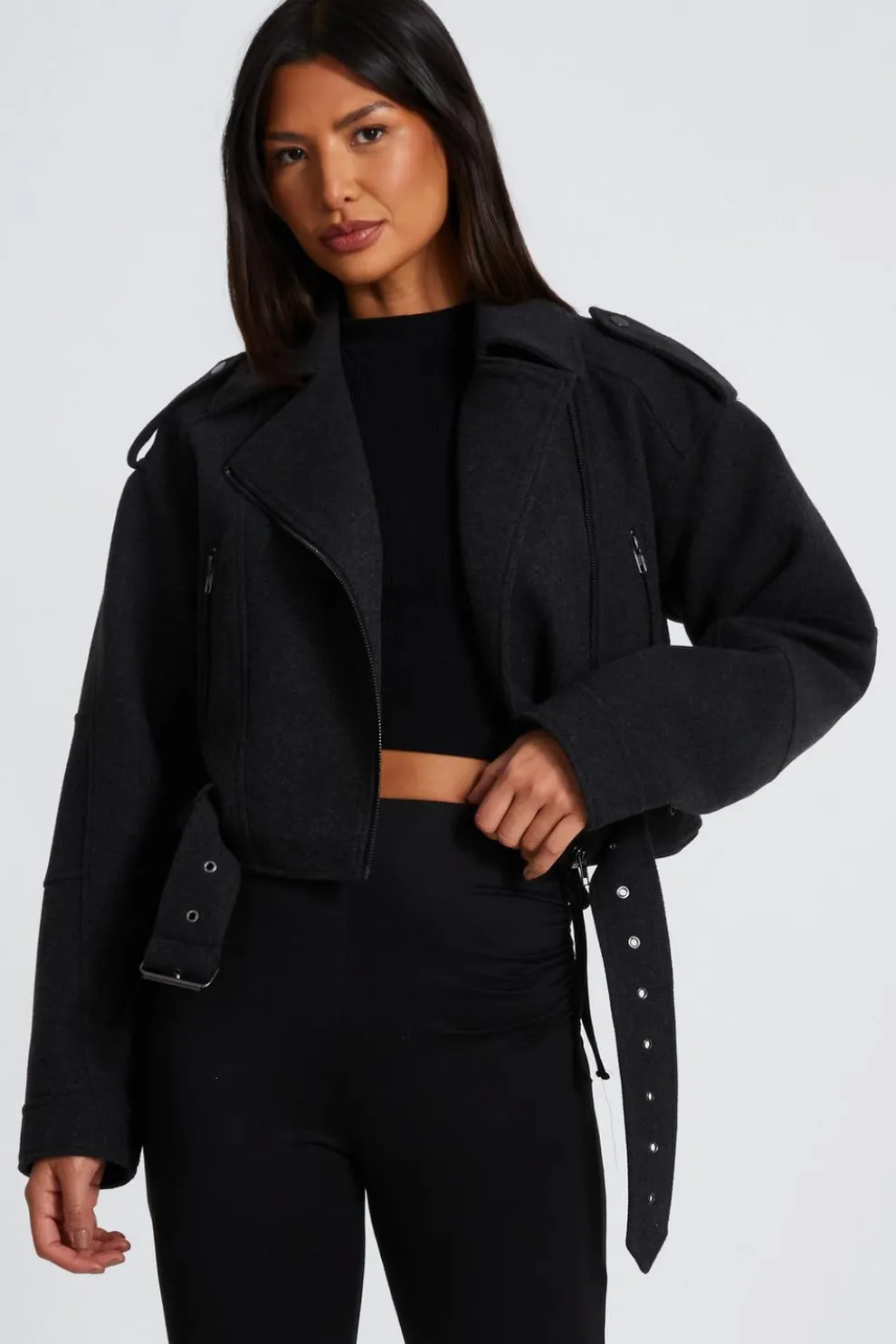 Dark Grey Cropped Biker Jacket