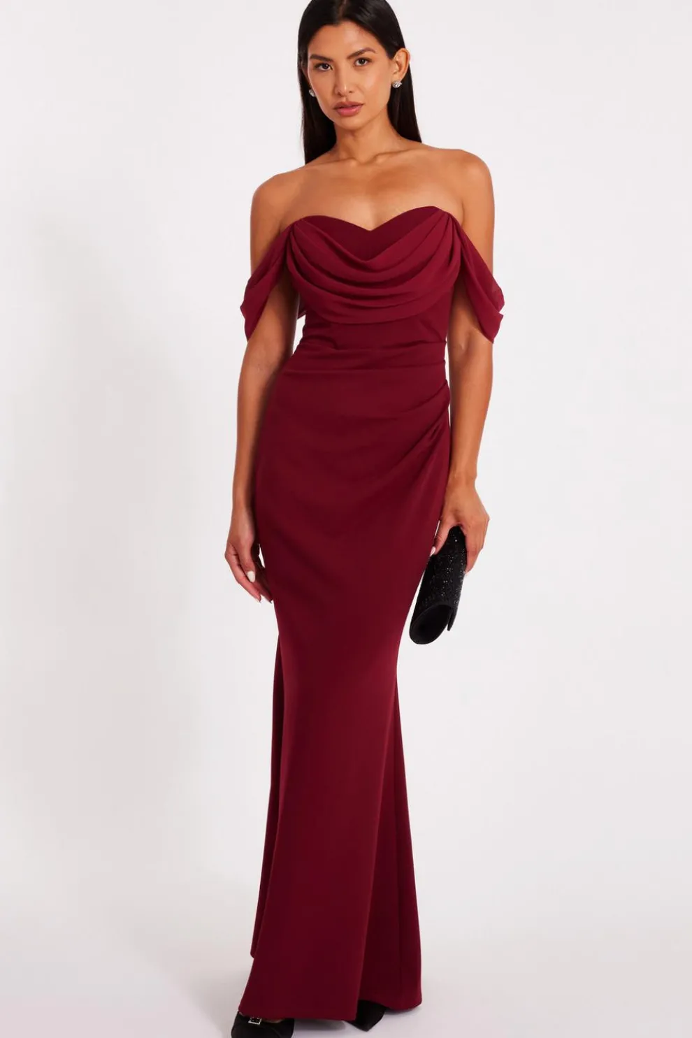 Dark Red Chiffon Bardot Maxi Dress