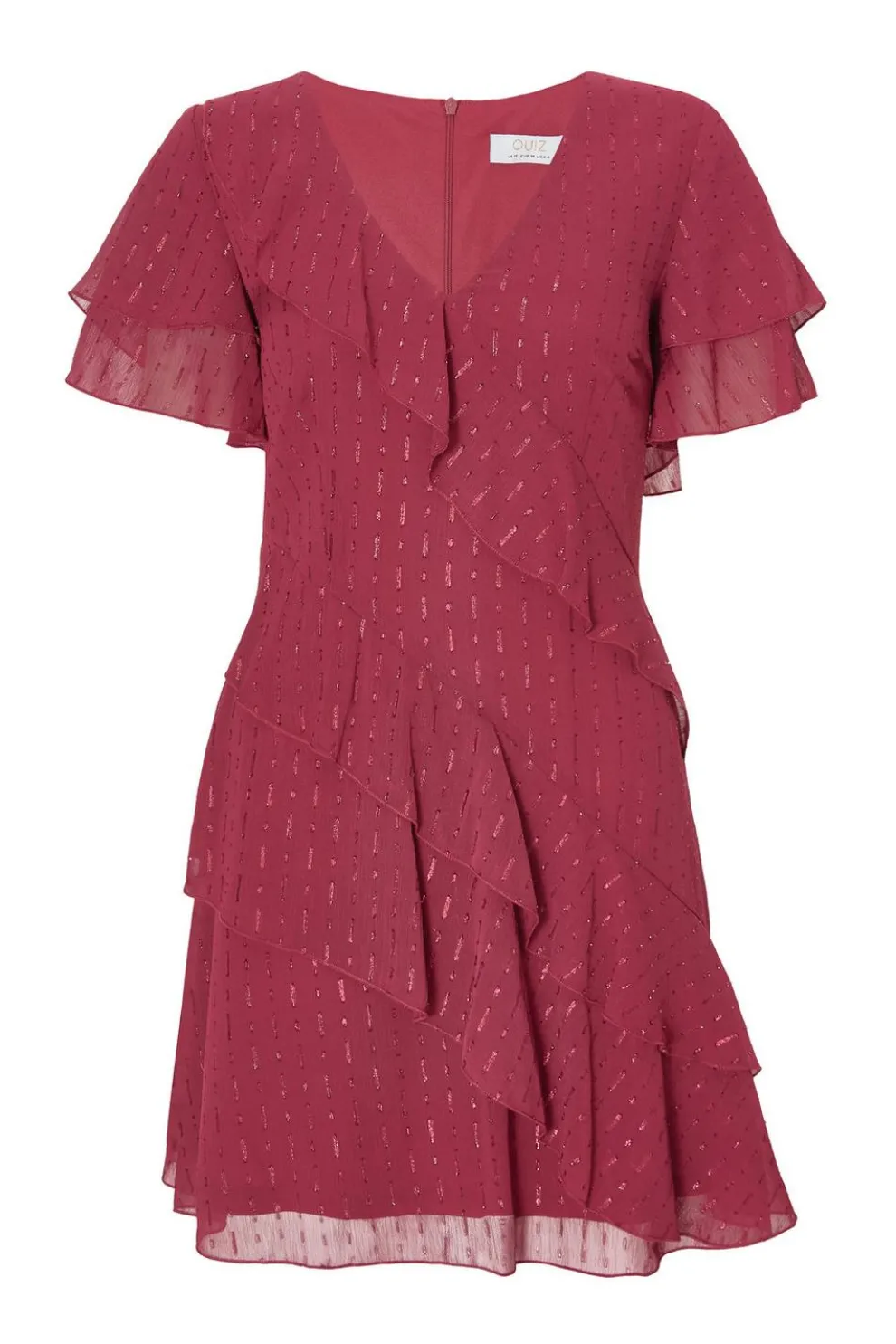 Dark Red Chiffon Ruffle Mini Dress