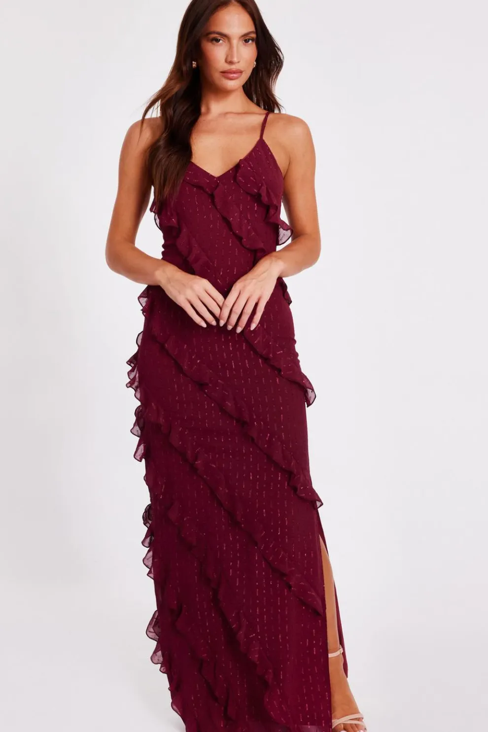 Dark Red Chiffon Ruffle Midaxi Dress