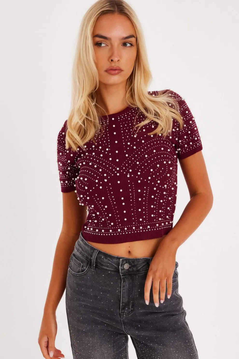 Dark Red Embellished Knit Crop Top