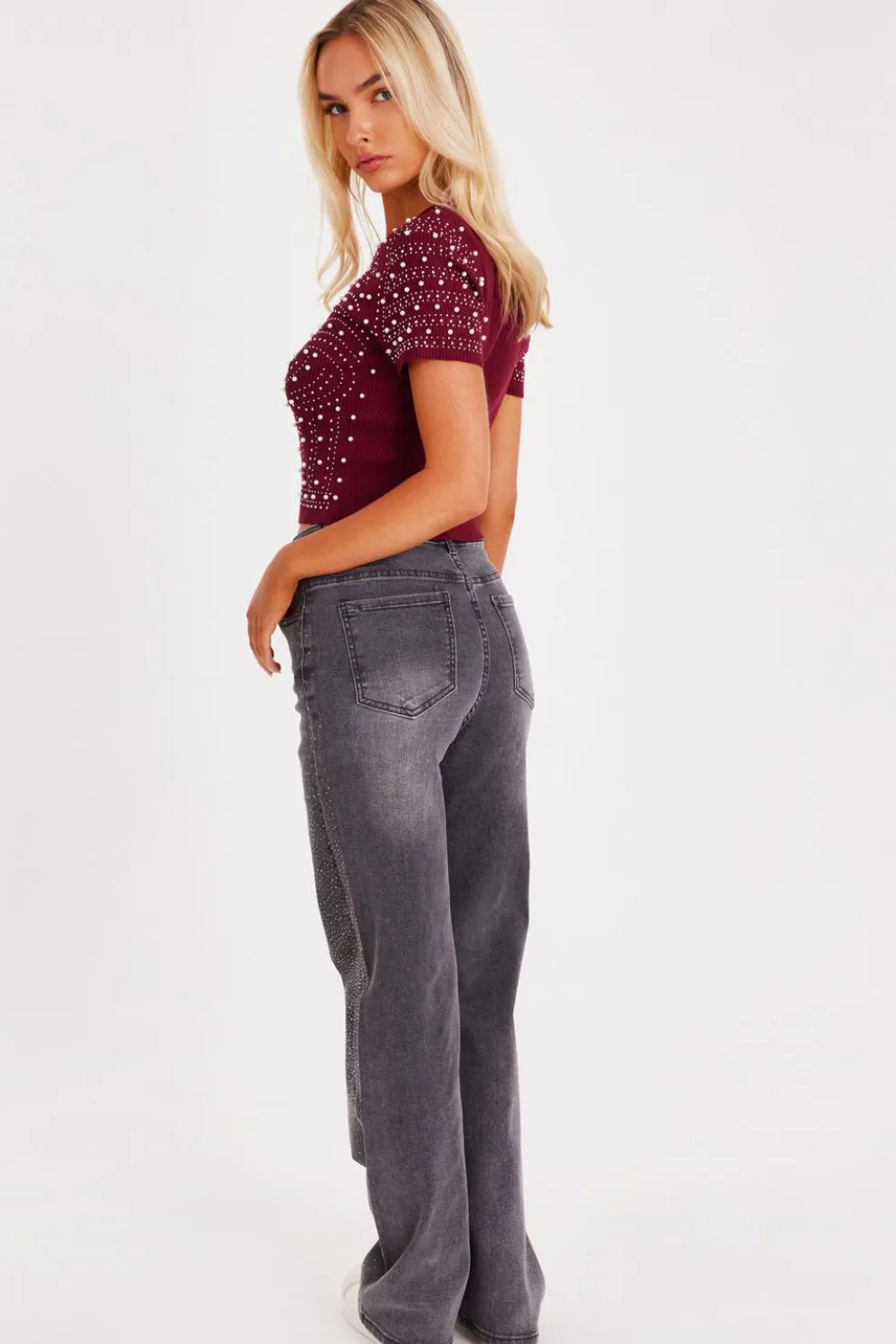 Dark Red Embellished Knit Crop Top