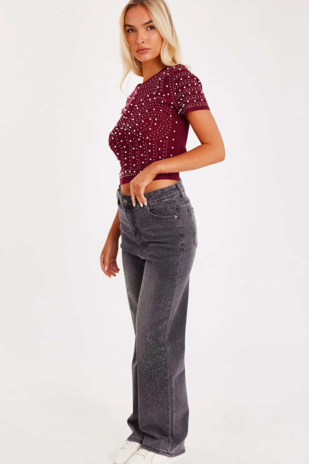 Dark Red Embellished Knit Crop Top
