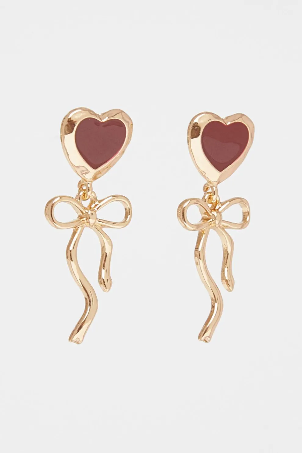 Dark Red Enamel Ribbon Heart Earrings