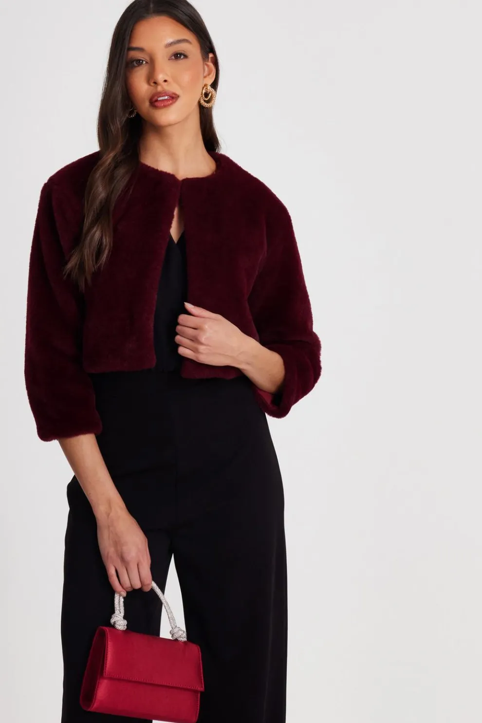 Dark Red Faux Fur Long Sleeve Cape