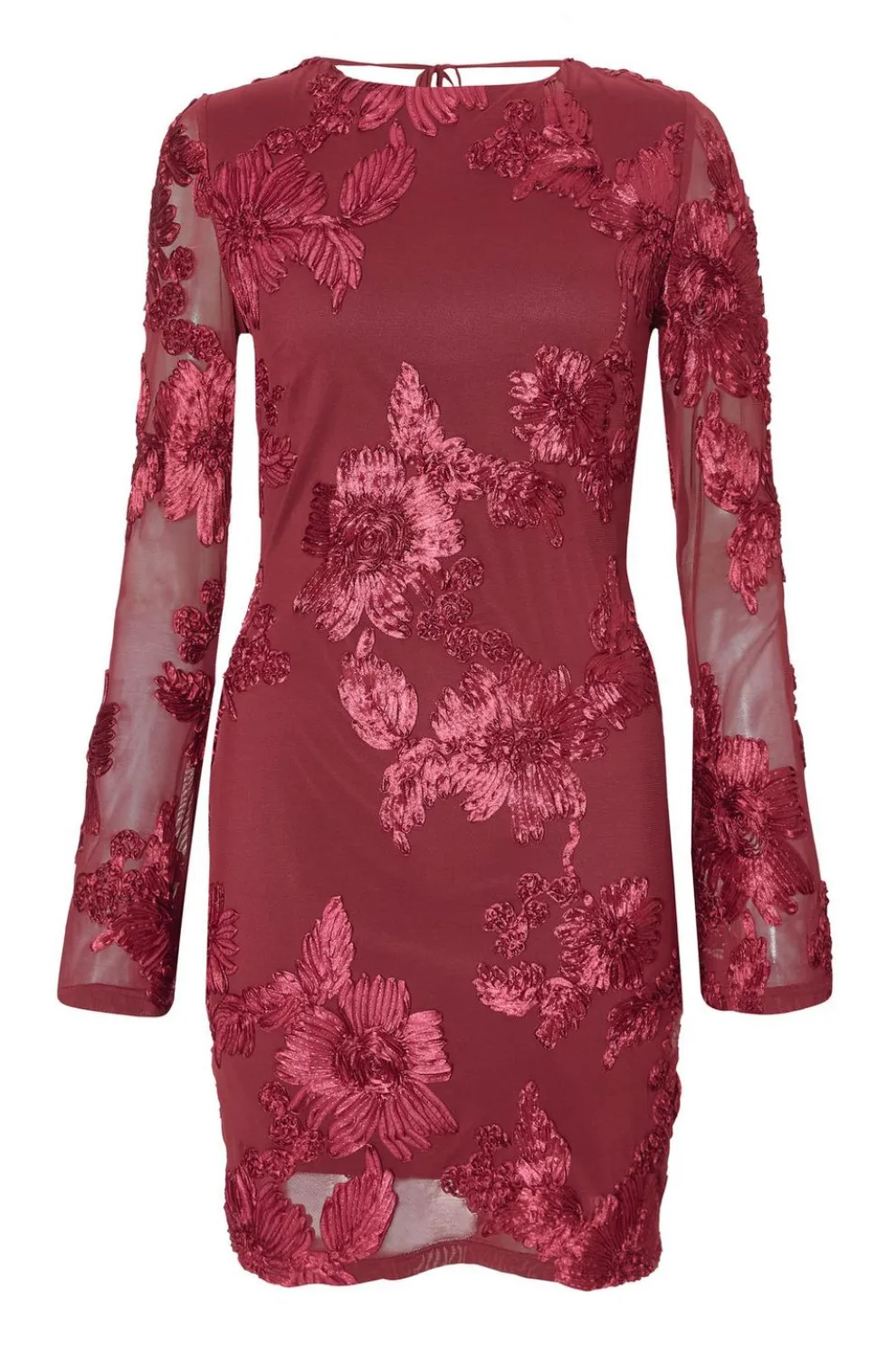 Dark Red Floral Applique Mini Dress