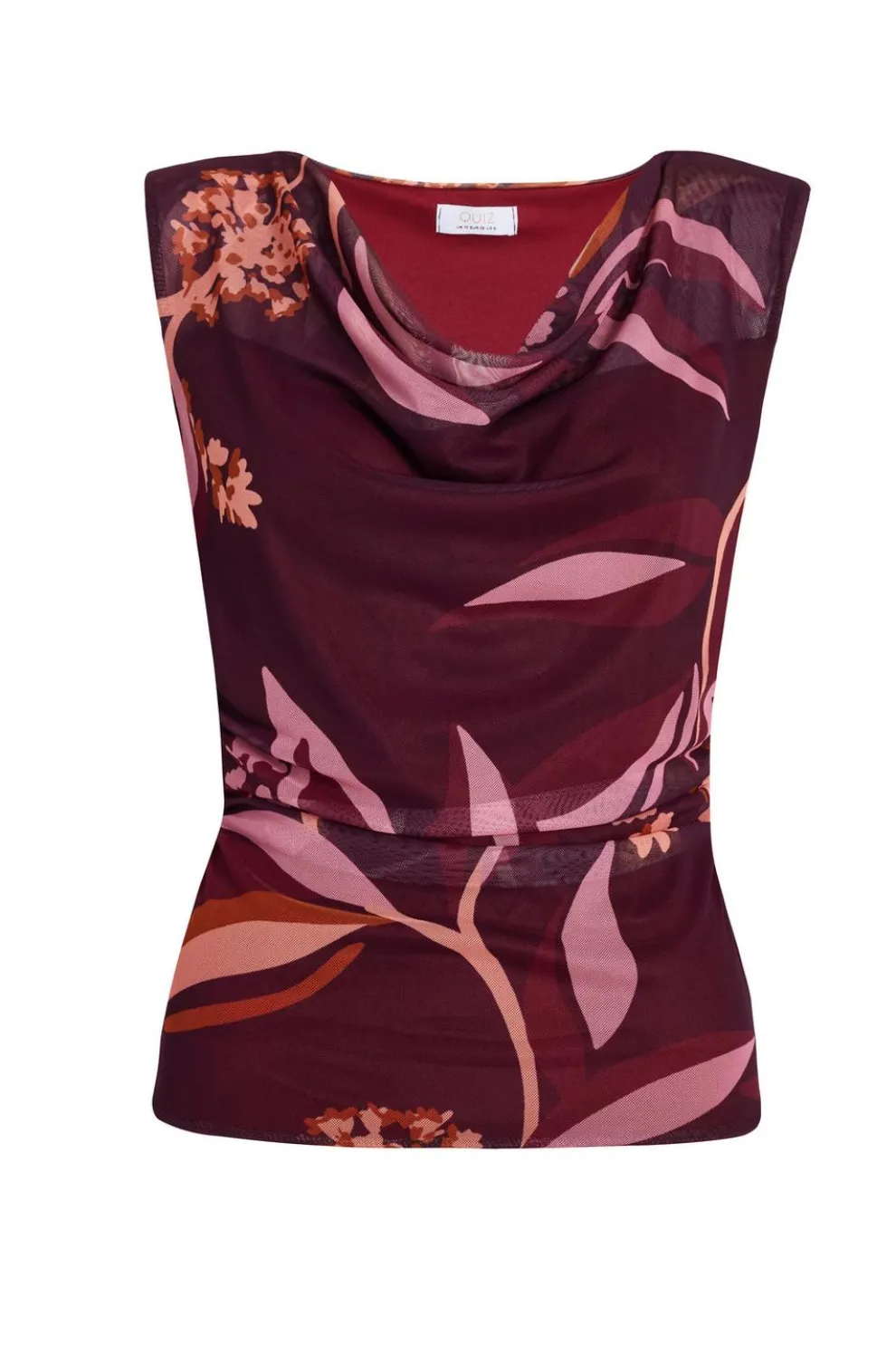 Dark Red Floral Cowl Neck Top