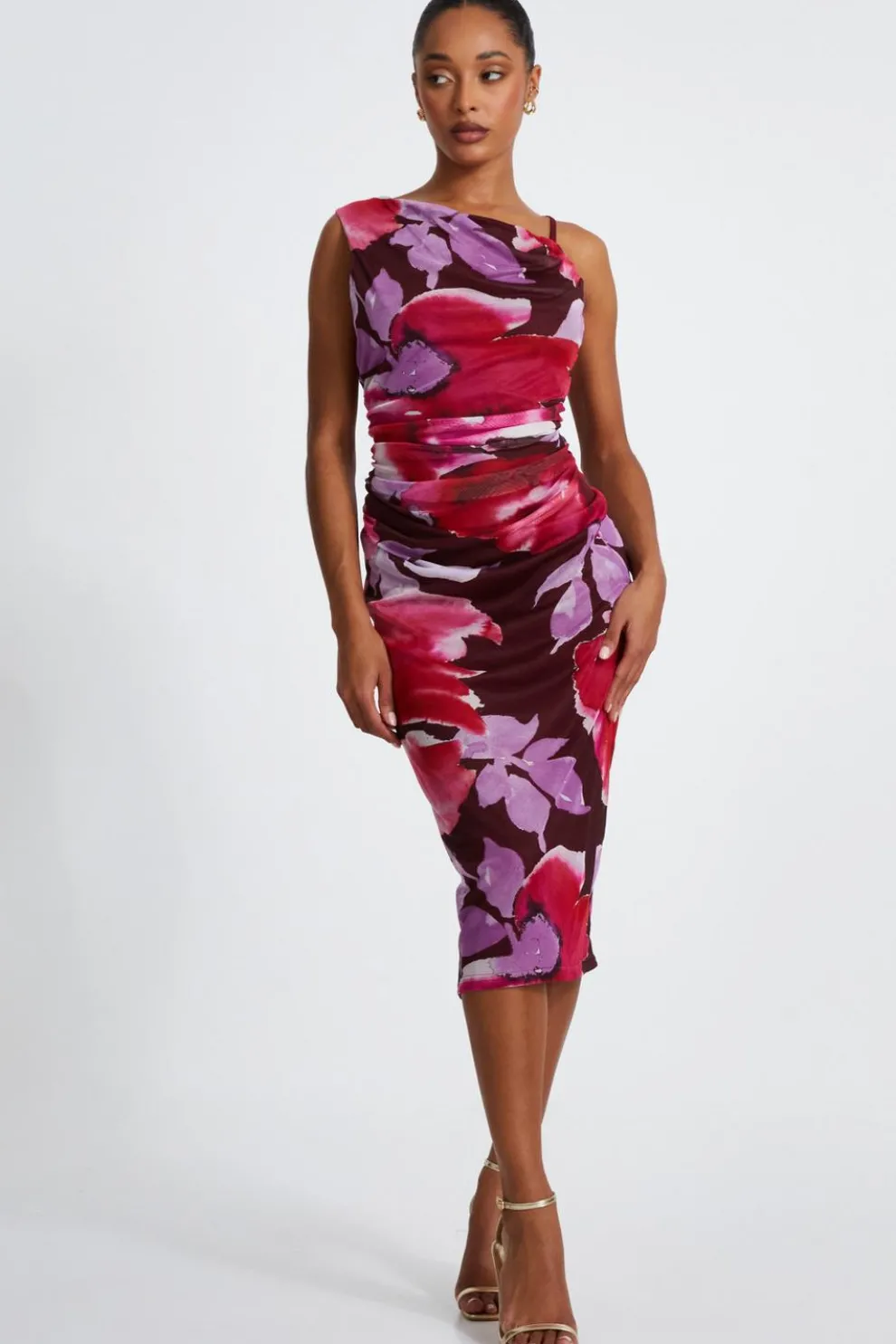 Dark Red Floral Midi Dress