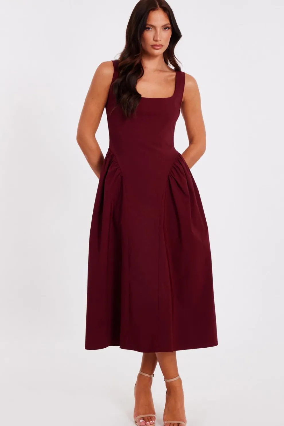 Dark Red Gathered Side Midi Dress