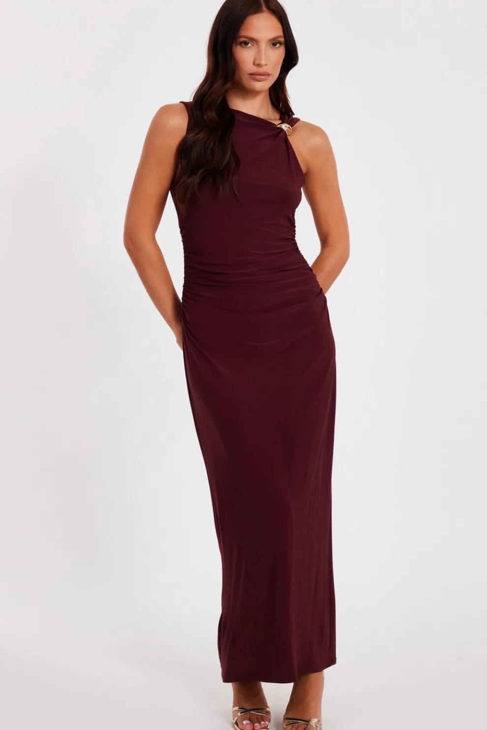 Dark Red Gold Buckle Midaxi Dress