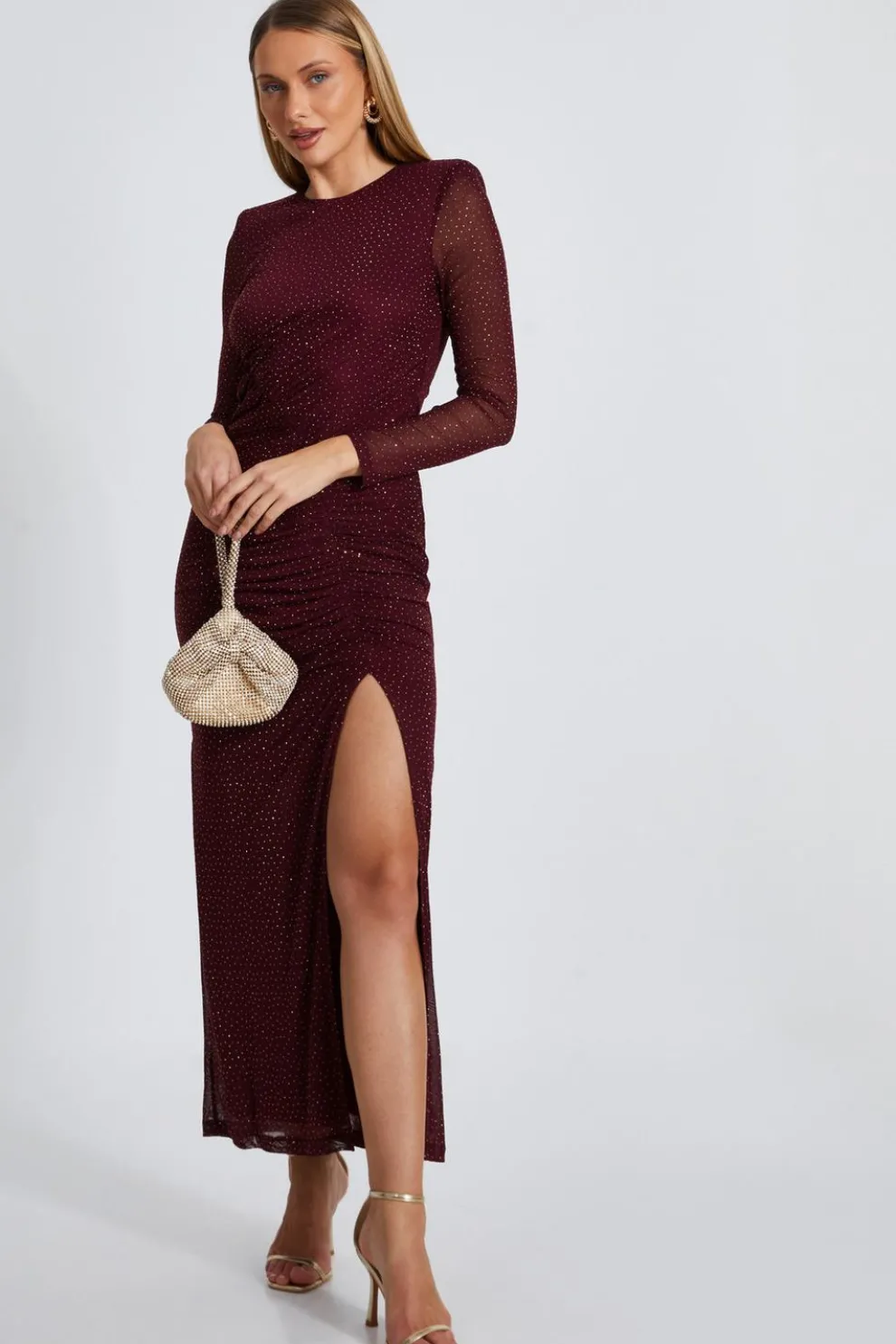 Dark Red Mesh Diamante Midaxi Dress