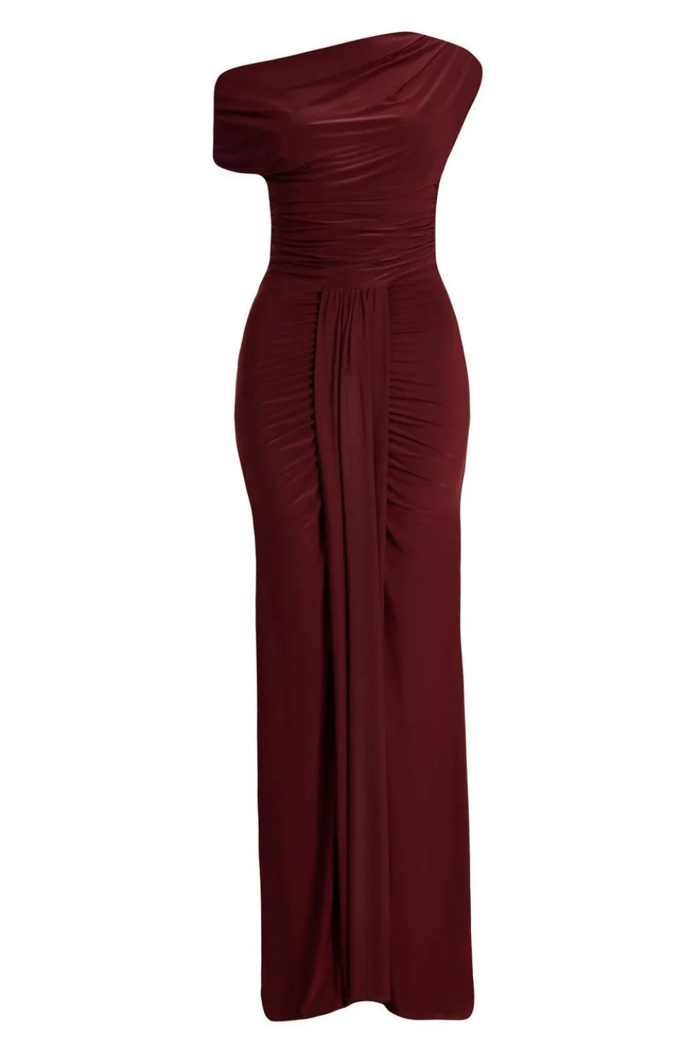 Dark Red Off Shoulder Ruched Maxi Dress