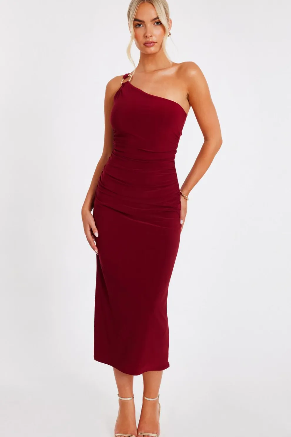 Dark Red One Shoulder Midaxi Dress