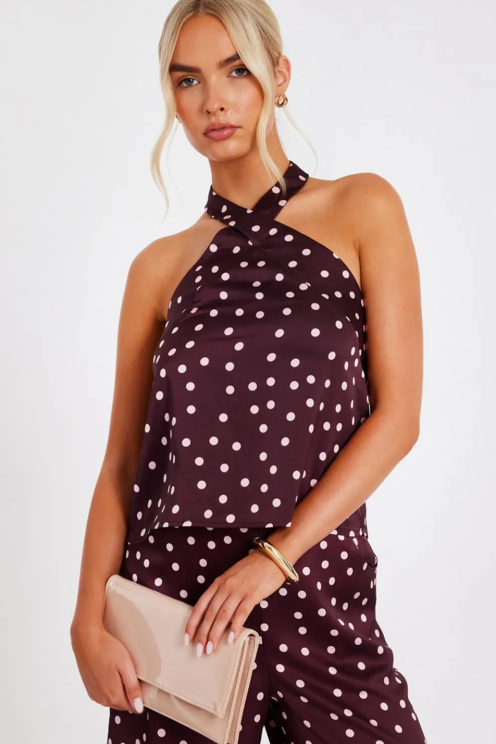 Dark Red Polka Dot Halter Top