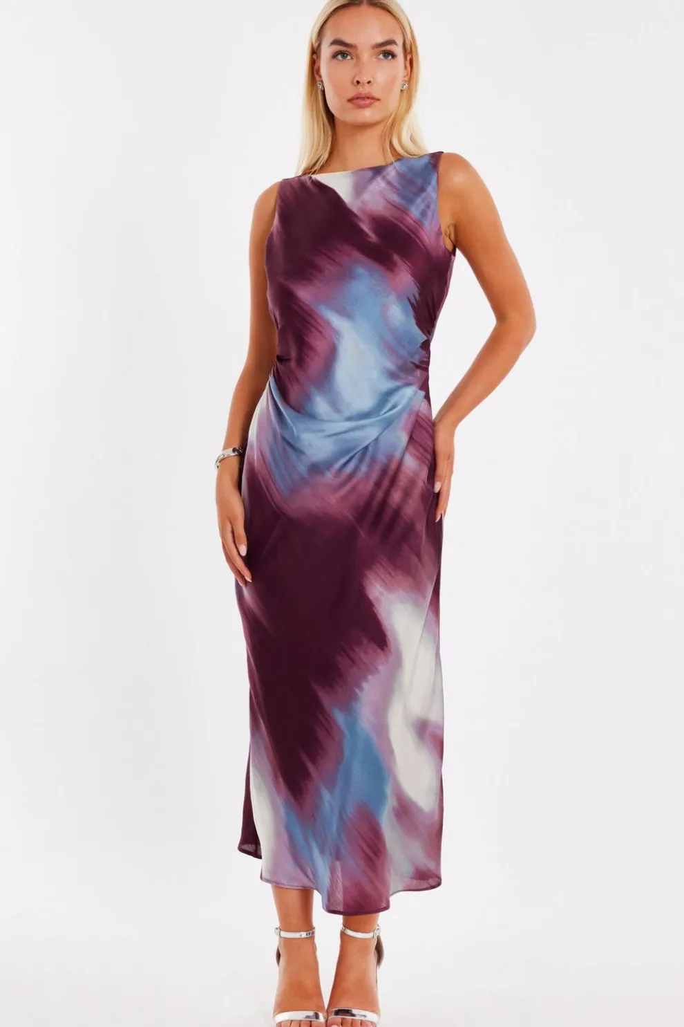 Dark Red Printed Satin Midaxi Dress